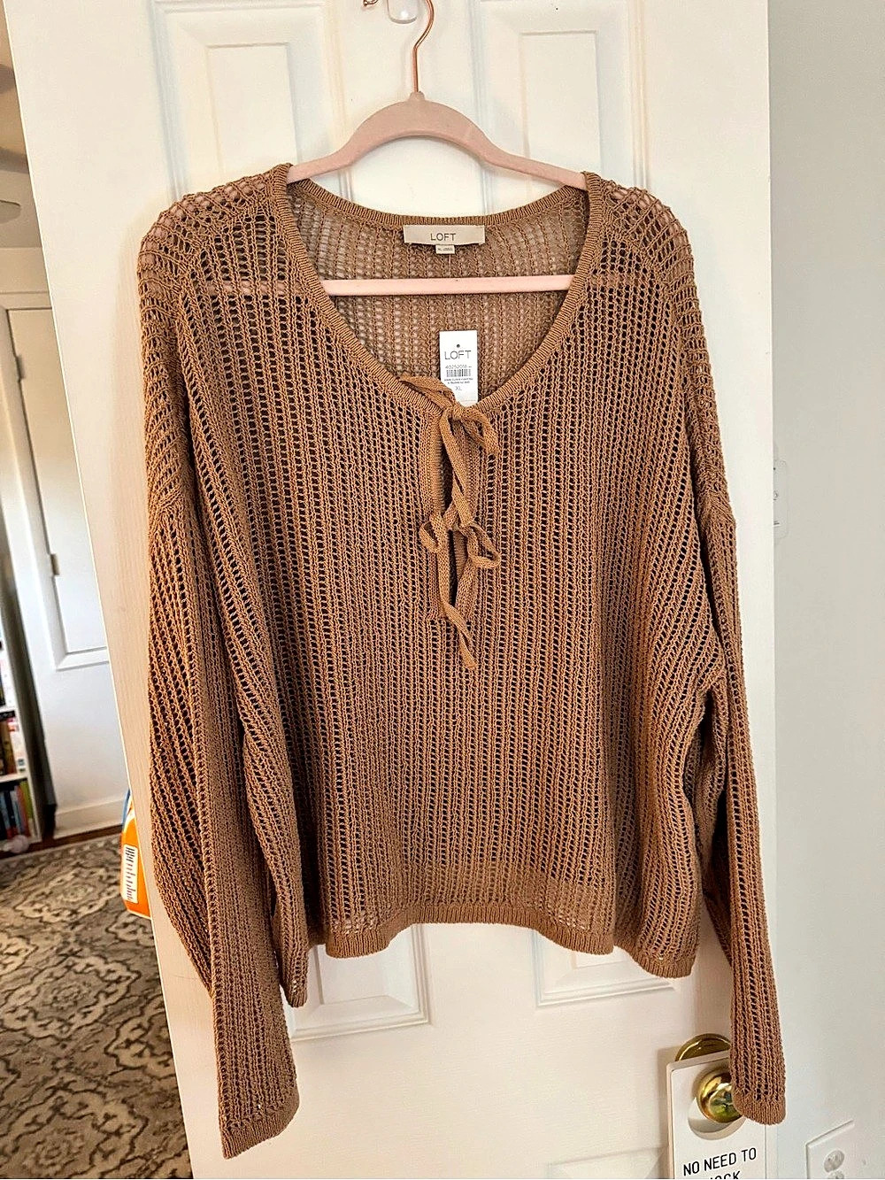 LOFT Mesh Stitch Bow Tie Sweater Brown XL